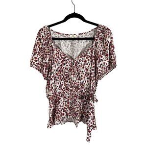 Colorful Floral Wrap Top Pink M Peplum Cottage Boho Indie Folk Preppy Feminine